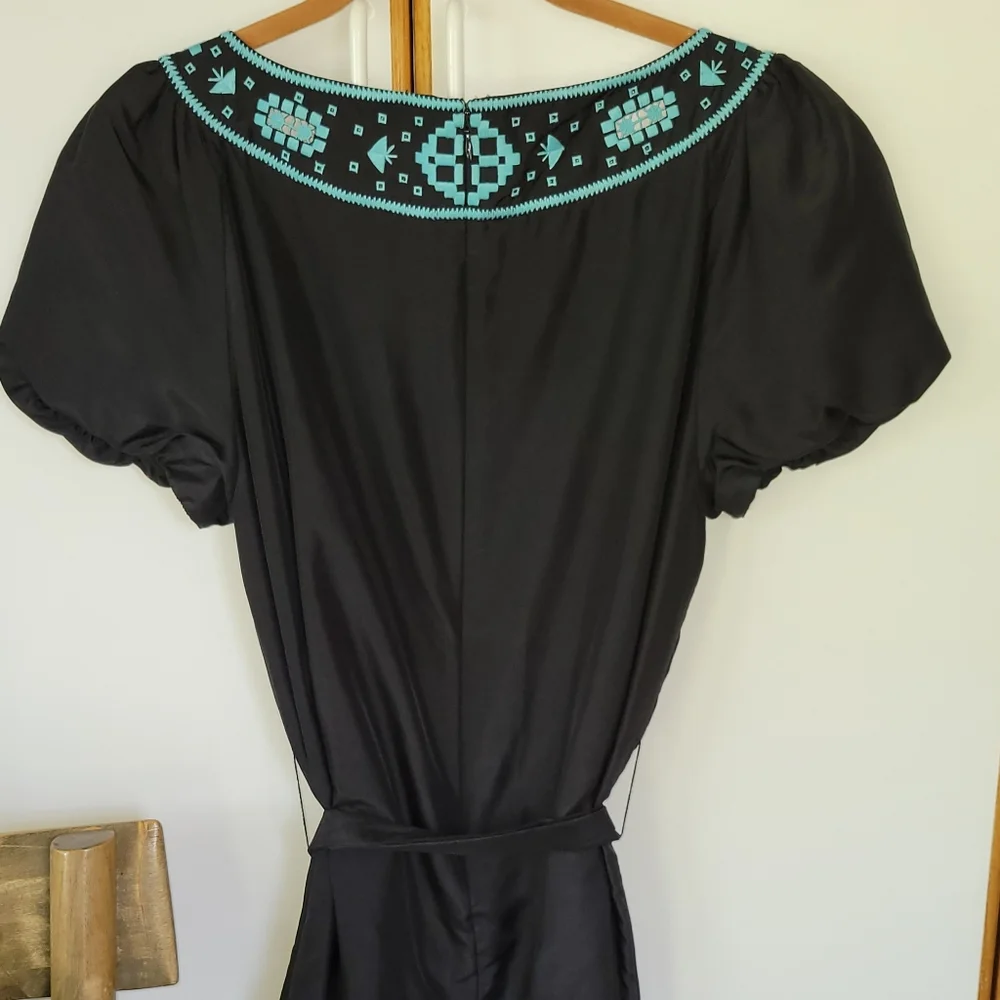Tory Burch Lottie Black Silk Embroidered Belted Shift Dress 6